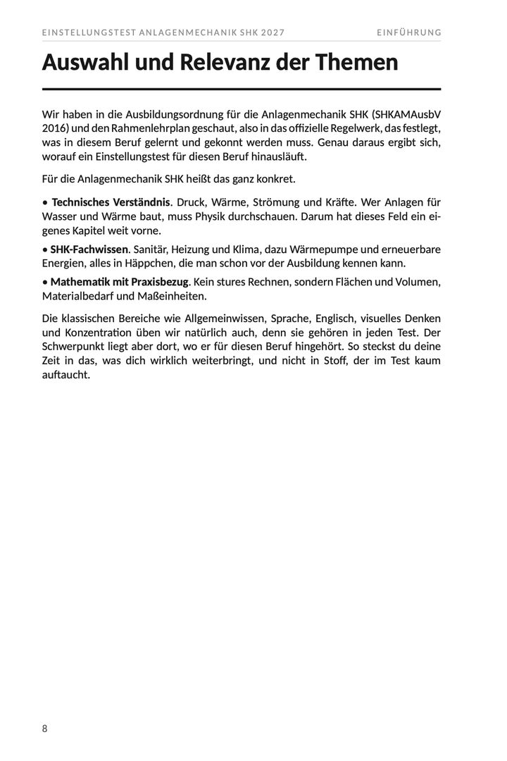 Seite 8 aus Einstellungstest Anlagenmechanik SHK 2027. Beispielseite mit der Herleitung der Themen aus der Ausbildungsordnung dieses Berufs und den Schwerpunkten, die daraus folgen.