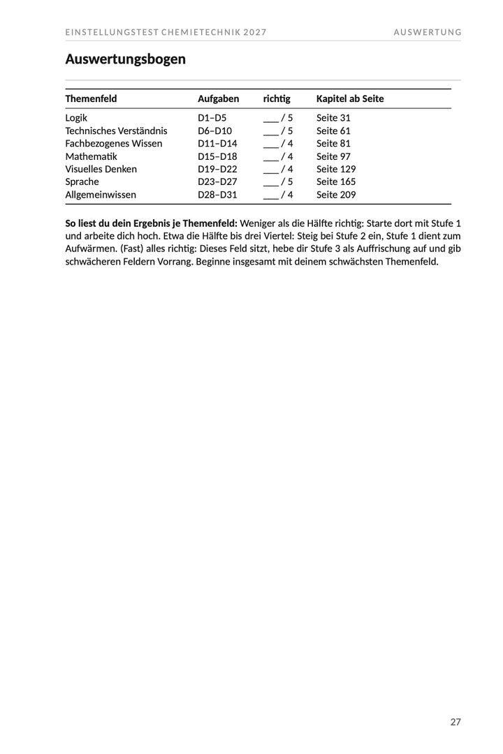 Seite 27 aus Einstellungstest Chemietechnik 2027. Beispielseite mit dem Auswertungsbogen des Diagnosetests, einer Tabelle aus Themenfeldern, erreichten Punkten und der Kapitelseite, auf der es weitergeht.