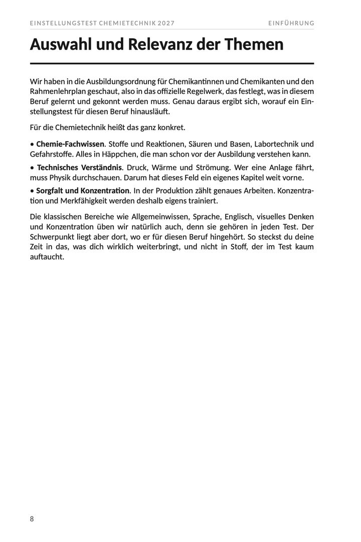 Seite 8 aus Einstellungstest Chemietechnik 2027. Beispielseite mit der Herleitung der Themen aus der Ausbildungsordnung dieses Berufs und den Schwerpunkten, die daraus folgen.