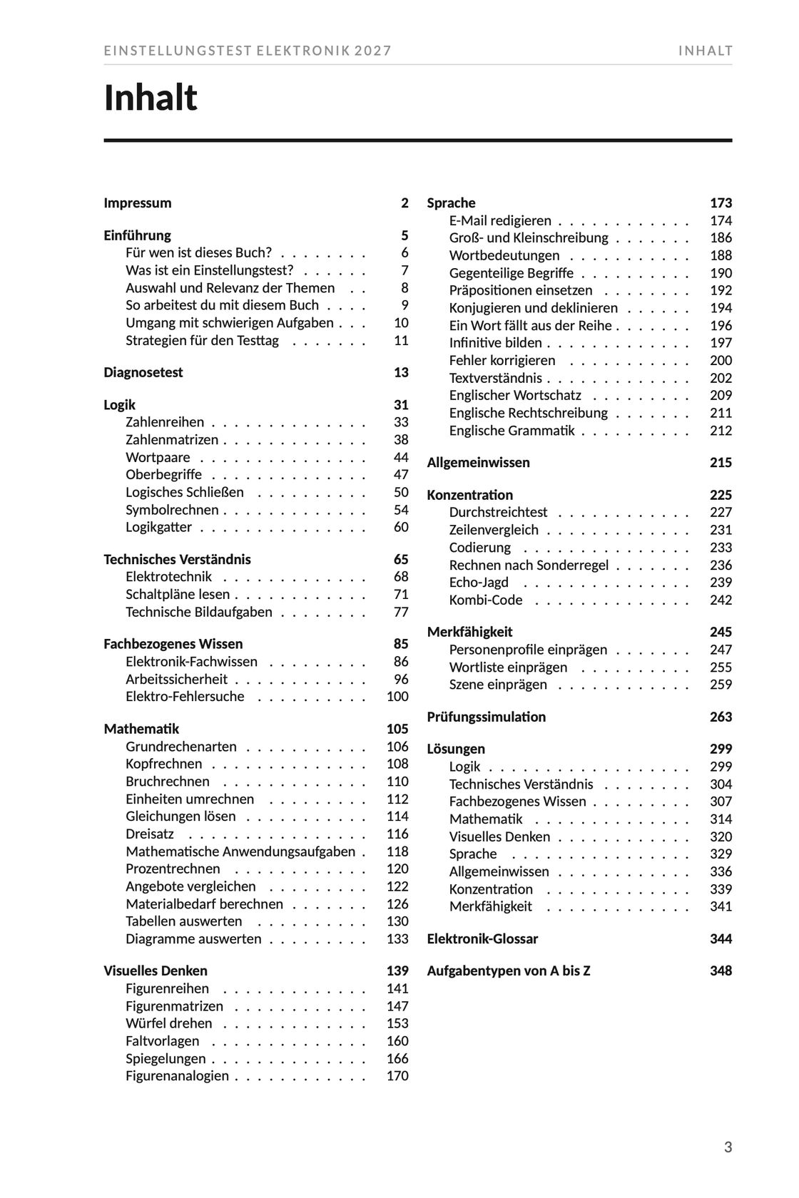 Seite 3 aus Einstellungstest Elektronik 2027. Das vollständige Inhaltsverzeichnis des Buchs auf einer Seite, mit allen Kapiteln, ihren Unterpunkten und der Seite, auf der jedes beginnt.