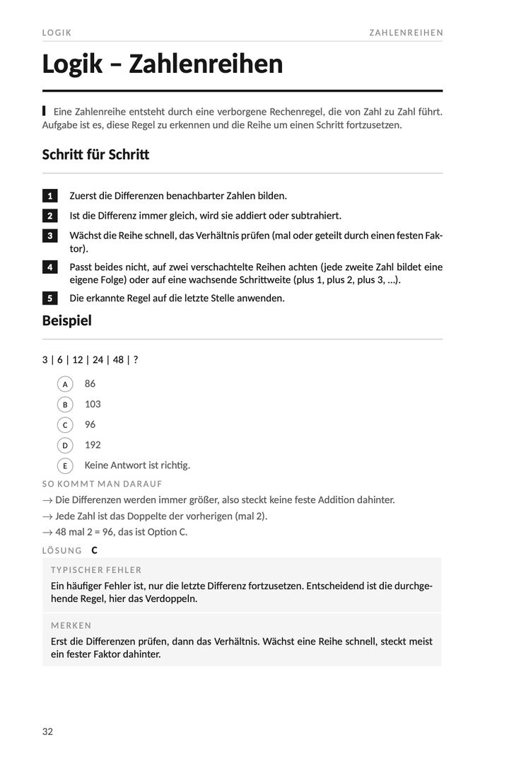 Seite 32 aus Einstellungstest Elektronik 2027. Beispielseite mit der Erklärung zu einem Aufgabentyp, bestehend aus der Regel, einer Schrittfolge, einem gerechneten Beispiel, dem typischen Fehler und einem Merkkasten.