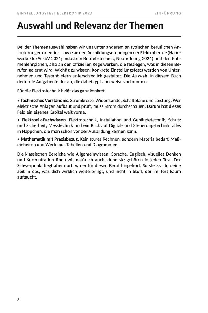Seite 8 aus Einstellungstest Elektronik 2027. Beispielseite mit der Herleitung der Themen aus der Ausbildungsordnung dieses Berufs und den Schwerpunkten, die daraus folgen.