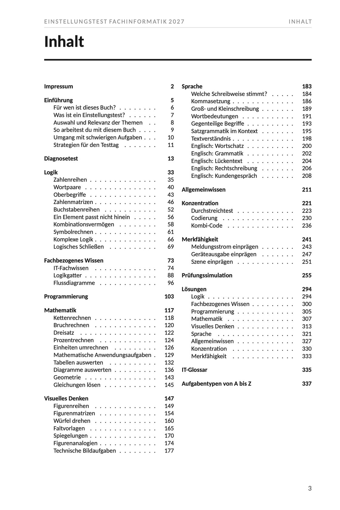 Seite 3 aus Einstellungstest Fachinformatik 2027. Das vollständige Inhaltsverzeichnis des Buchs auf einer Seite, mit allen Kapiteln, ihren Unterpunkten und der Seite, auf der jedes beginnt.