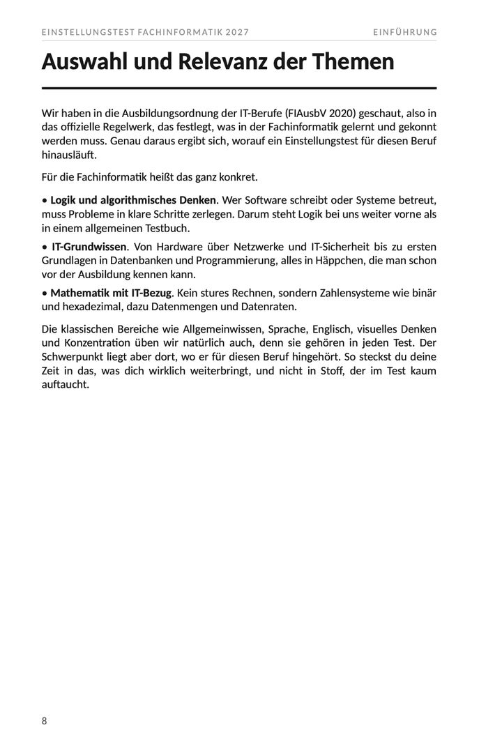 Seite 8 aus Einstellungstest Fachinformatik 2027. Beispielseite mit der Herleitung der Themen aus der Ausbildungsordnung dieses Berufs und den Schwerpunkten, die daraus folgen.