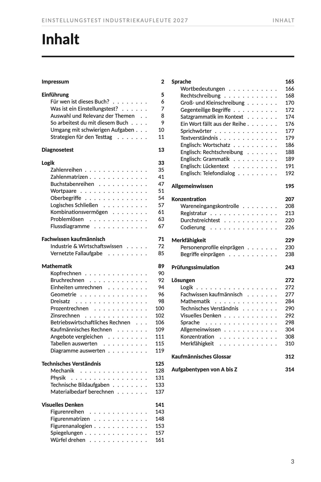 Seite 3 aus Einstellungstest Industriekaufleute 2027. Das vollständige Inhaltsverzeichnis des Buchs auf einer Seite, mit allen Kapiteln, ihren Unterpunkten und der Seite, auf der jedes beginnt.