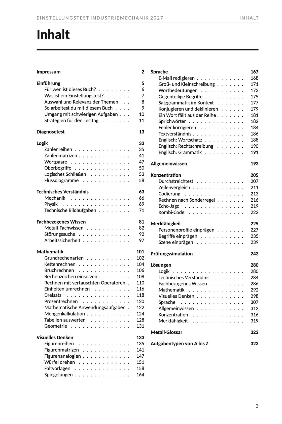 Seite 3 aus Einstellungstest Industriemechanik 2027. Das vollständige Inhaltsverzeichnis des Buchs auf einer Seite, mit allen Kapiteln, ihren Unterpunkten und der Seite, auf der jedes beginnt.