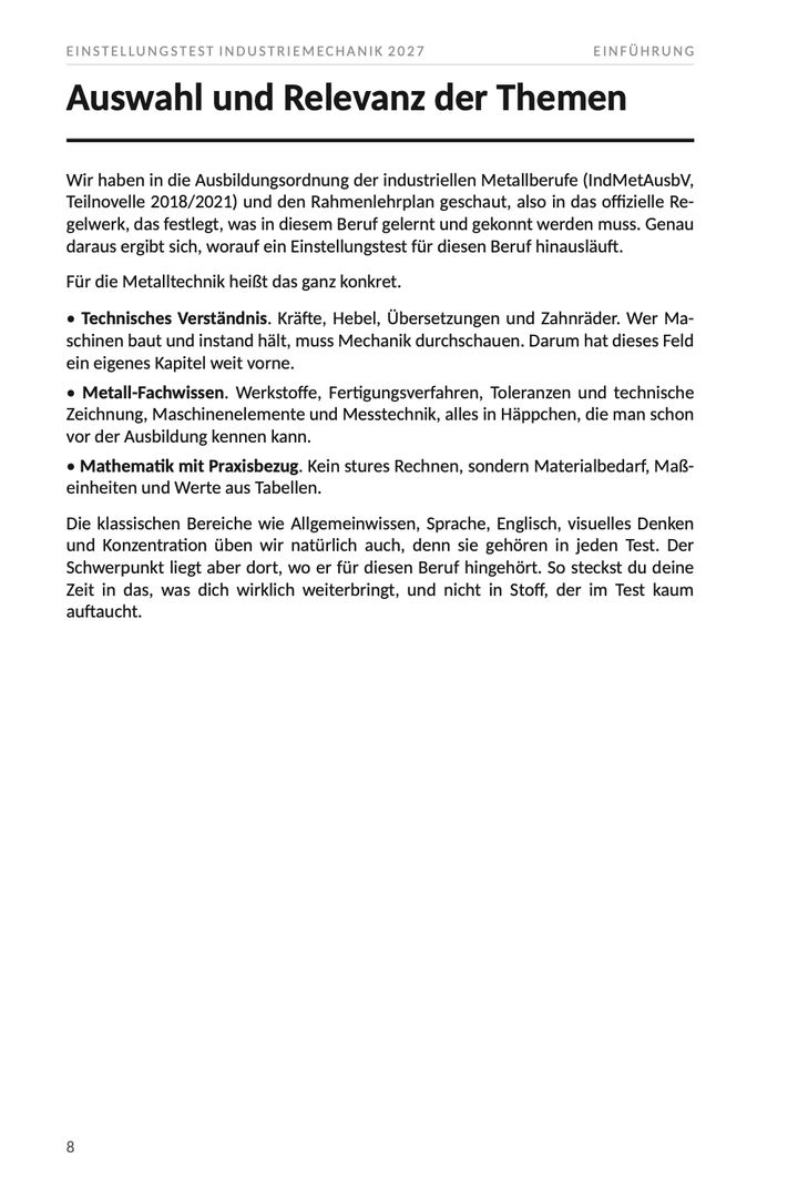 Seite 8 aus Einstellungstest Industriemechanik 2027. Beispielseite mit der Herleitung der Themen aus der Ausbildungsordnung dieses Berufs und den Schwerpunkten, die daraus folgen.