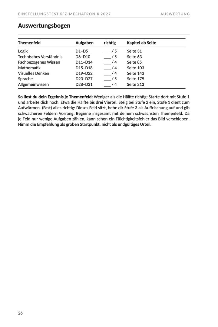 Seite 26 aus Einstellungstest Kfz-Mechatronik 2027. Beispielseite mit dem Auswertungsbogen des Diagnosetests, einer Tabelle aus Themenfeldern, erreichten Punkten und der Kapitelseite, auf der es weitergeht.