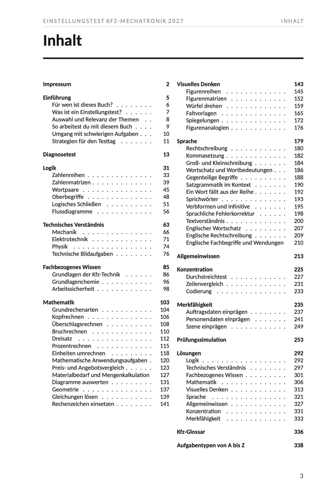Seite 3 aus Einstellungstest Kfz-Mechatronik 2027. Das vollständige Inhaltsverzeichnis des Buchs auf einer Seite, mit allen Kapiteln, ihren Unterpunkten und der Seite, auf der jedes beginnt.