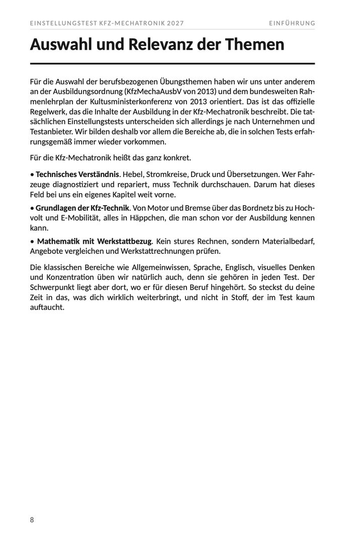 Seite 8 aus Einstellungstest Kfz-Mechatronik 2027. Beispielseite mit der Herleitung der Themen aus der Ausbildungsordnung dieses Berufs und den Schwerpunkten, die daraus folgen.