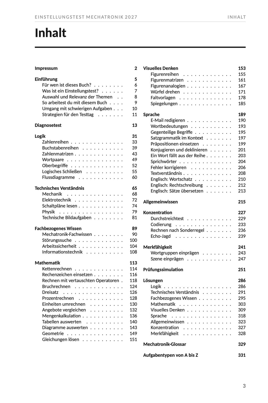 Seite 3 aus Einstellungstest Mechatronik 2027. Das vollständige Inhaltsverzeichnis des Buchs auf einer Seite, mit allen Kapiteln, ihren Unterpunkten und der Seite, auf der jedes beginnt.