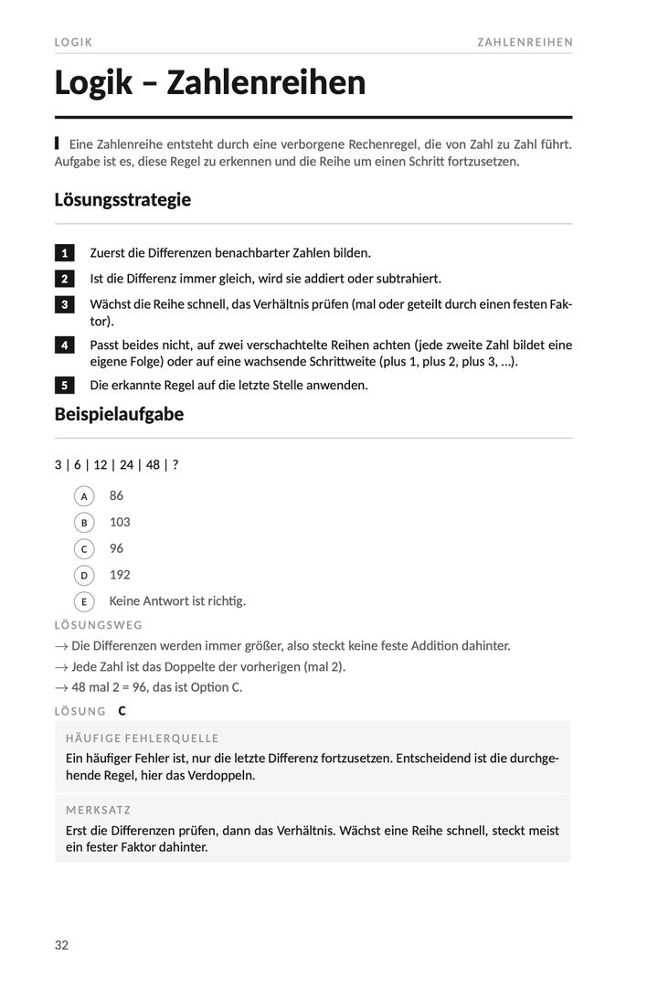 Seite 32 aus Einstellungstest Mechatronik 2027. Beispielseite mit der Erklärung zu einem Aufgabentyp, bestehend aus der Regel, einer Schrittfolge, einem gerechneten Beispiel, dem typischen Fehler und einem Merkkasten.