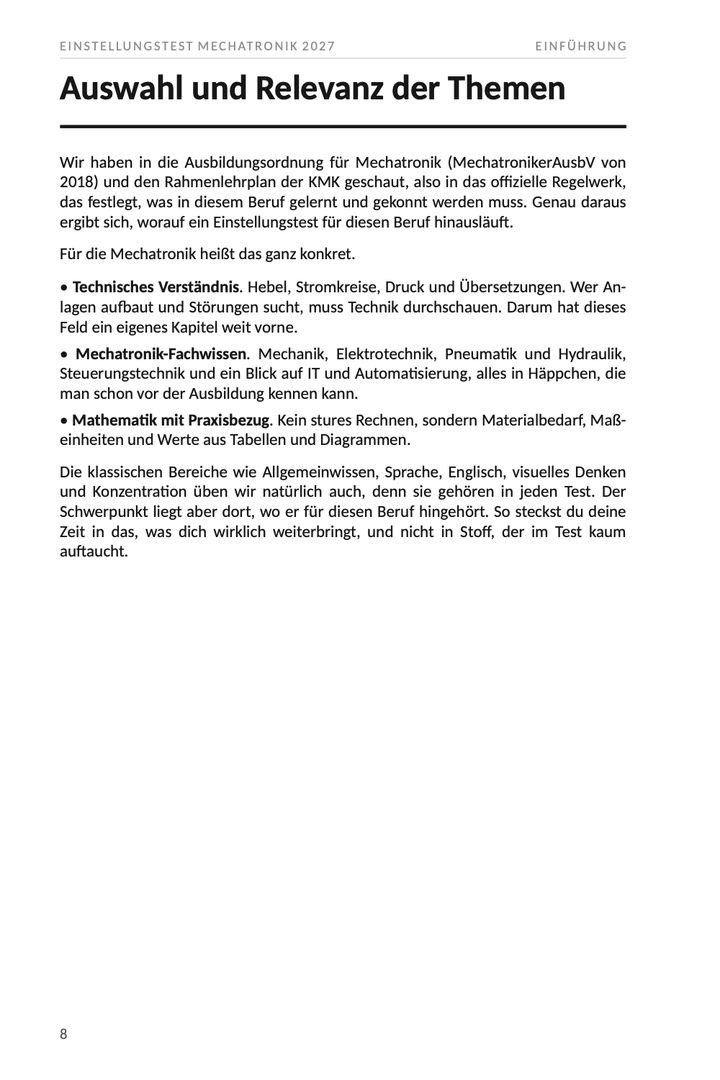 Seite 8 aus Einstellungstest Mechatronik 2027. Beispielseite mit der Herleitung der Themen aus der Ausbildungsordnung dieses Berufs und den Schwerpunkten, die daraus folgen.