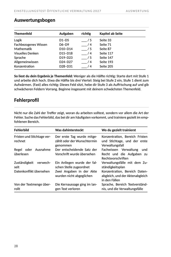 Seite 28 aus Einstellungstest Öffentliche Verwaltung 2027. Beispielseite mit dem Auswertungsbogen des Diagnosetests, einer Tabelle aus Themenfeldern, erreichten Punkten und der Kapitelseite, auf der es weitergeht.