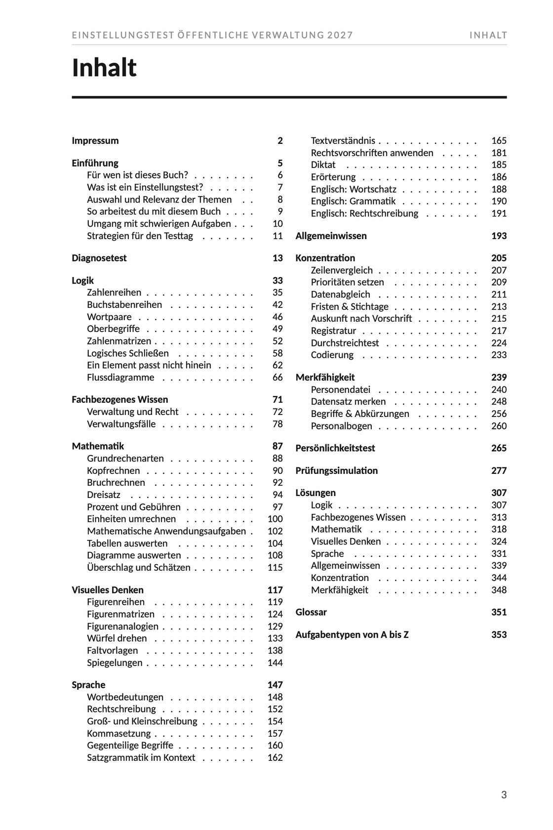 Seite 3 aus Einstellungstest Öffentliche Verwaltung 2027. Das vollständige Inhaltsverzeichnis des Buchs auf einer Seite, mit allen Kapiteln, ihren Unterpunkten und der Seite, auf der jedes beginnt.