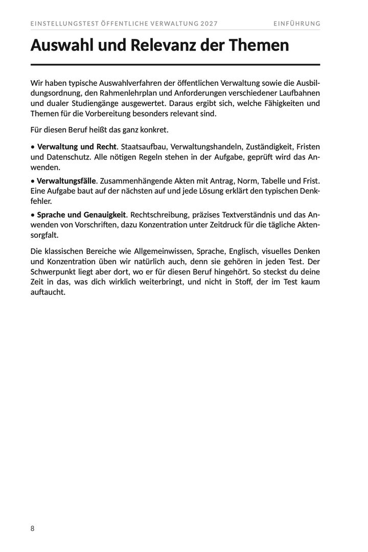 Seite 8 aus Einstellungstest Öffentliche Verwaltung 2027. Beispielseite mit der Herleitung der Themen aus der Ausbildungsordnung dieses Berufs und den Schwerpunkten, die daraus folgen.